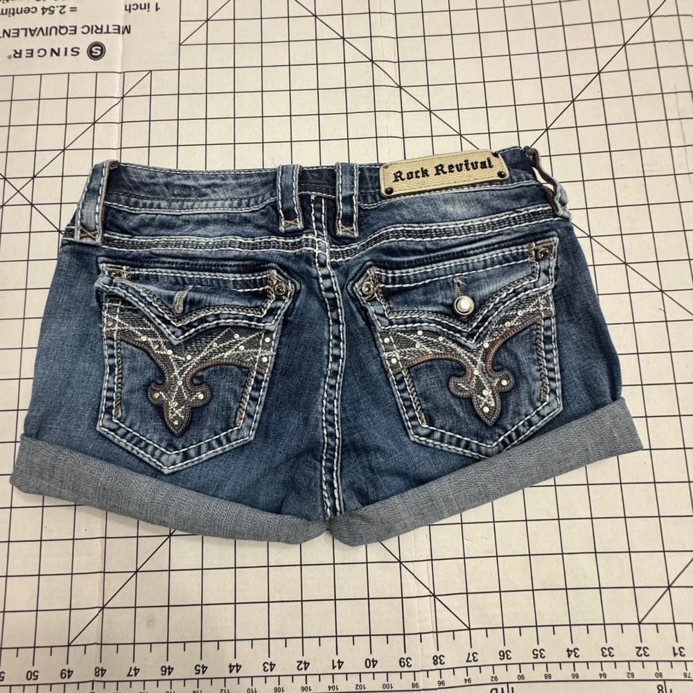 Rock Revival Very Easy Denim Shorts 28 Rhinestone Fleur De Li Cuffed Medium Wash